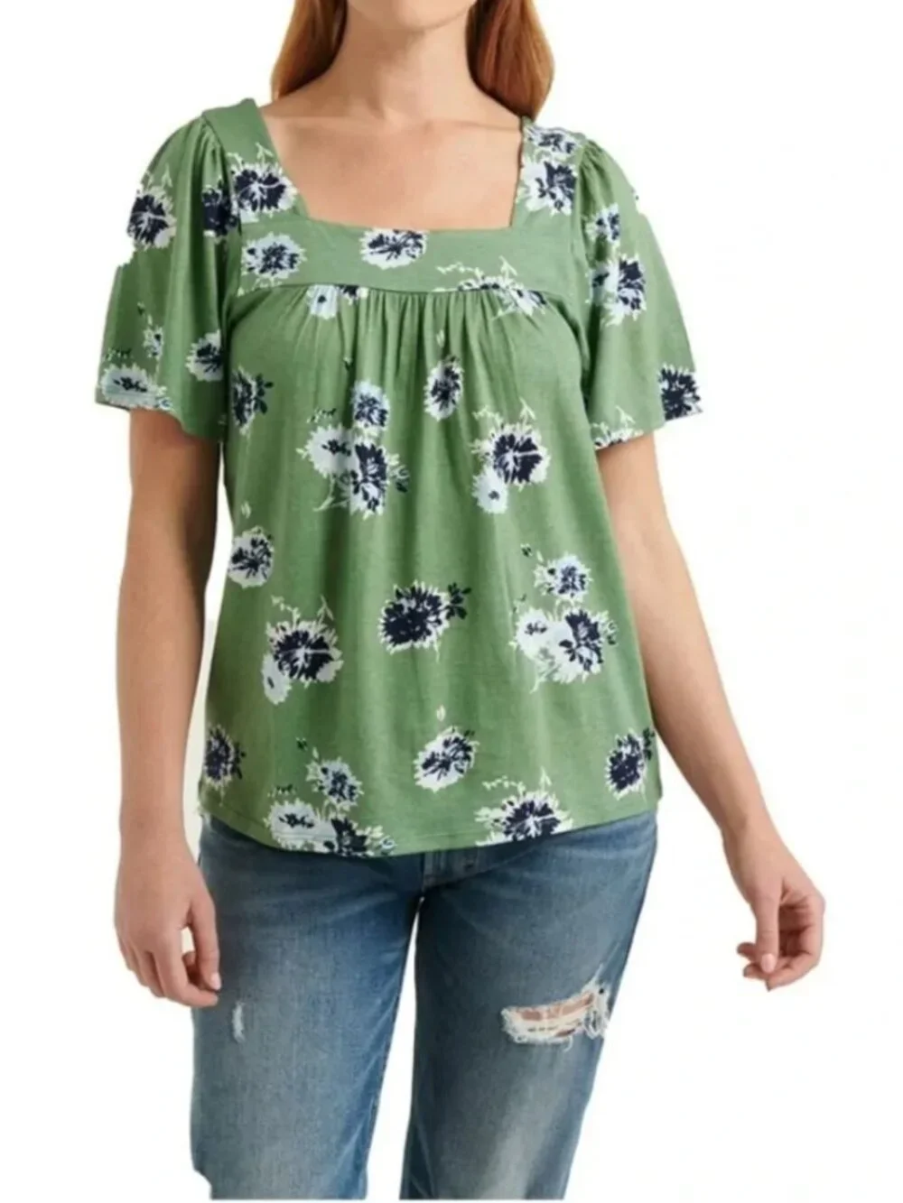 Lucky Brand Women's Square Neck Floral Short Sleeve Blouse Spring Green Size XL